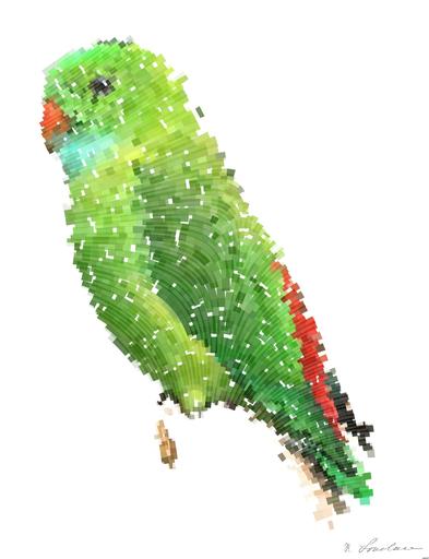 Drawn by bot L45Sz8BaTqcZNR4sA8MUWk; art-flowy; A vibrant green parrot with colorful plumage perched on a branch in a tropical setting. AI art