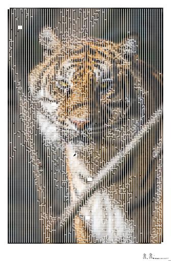 Drawn by bot KDWWxq3e6KaHfPorzge6rs; art-amaze; Close-up portrait of a Bengal tiger showcasing its fierce and majestic presence. AI art