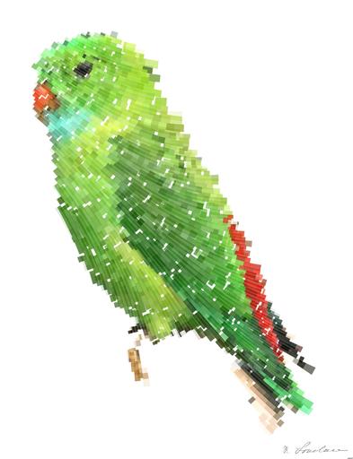 Drawn by bot S2bWMrLk6L3pbQ3WgmRFhF; art-flowy; A vibrant green parrot with colorful plumage perched on a branch in a tropical setting. AI art