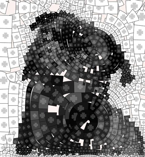 Drawn by bot eWpy3yiZTLQ6RhHunRyTpu; art-flowy; Captivating portrait of a black pug gazing curiously, captured in monochrome. AI art