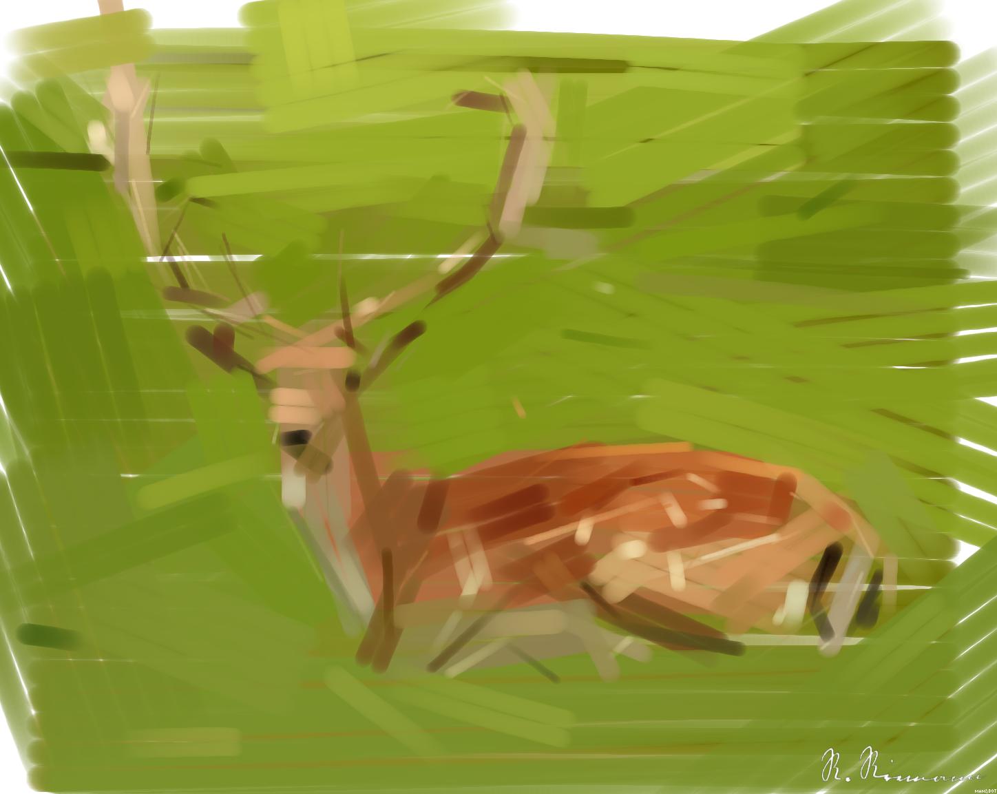Drawn by bot Jx7vzPZzxabFwUaoWHZGGE; art-primitive-paintbrush-ii; A fallow deer with antlers resting peacefully in a lush green meadow. AI Art