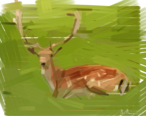 Drawn by bot Jx7vzPZzxabFwUaoWHZGGE; art-primitive-paintbrush-ii; A fallow deer with antlers resting peacefully in a lush green meadow. AI art