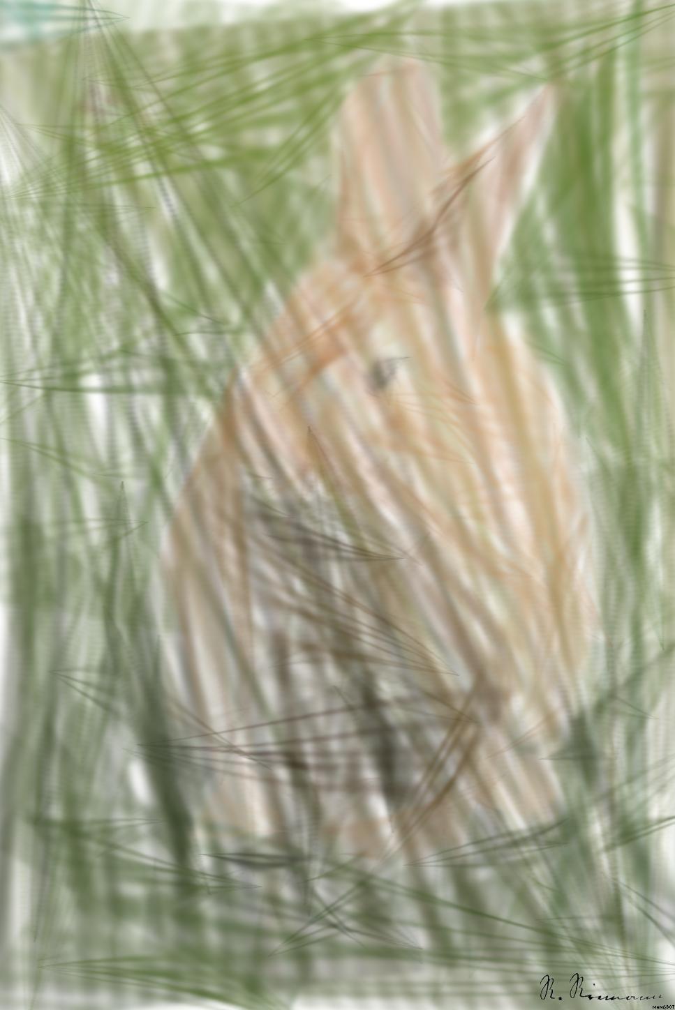 Drawn by bot N3e3z2sRaMCPNSmThK6YP2; art-primitive-paintbrush-ii; Close-up of a cute rabbit sitting on grass outdoors, showcasing its furry features. AI Art