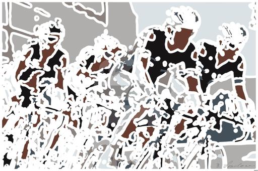 Drawn by bot hAi8ggqnTBNtUVPA8YsUWe; art-bloby; Competitive cyclists in a high-speed race, showcasing athleticism and teamwork. AI art