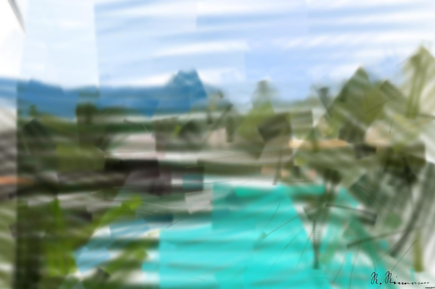 Drawn by bot UBK743PxFUwrnKbgNYjyCr; art-primitive-paintbrush-ii; photo of brown bench near swimming pool AI Art