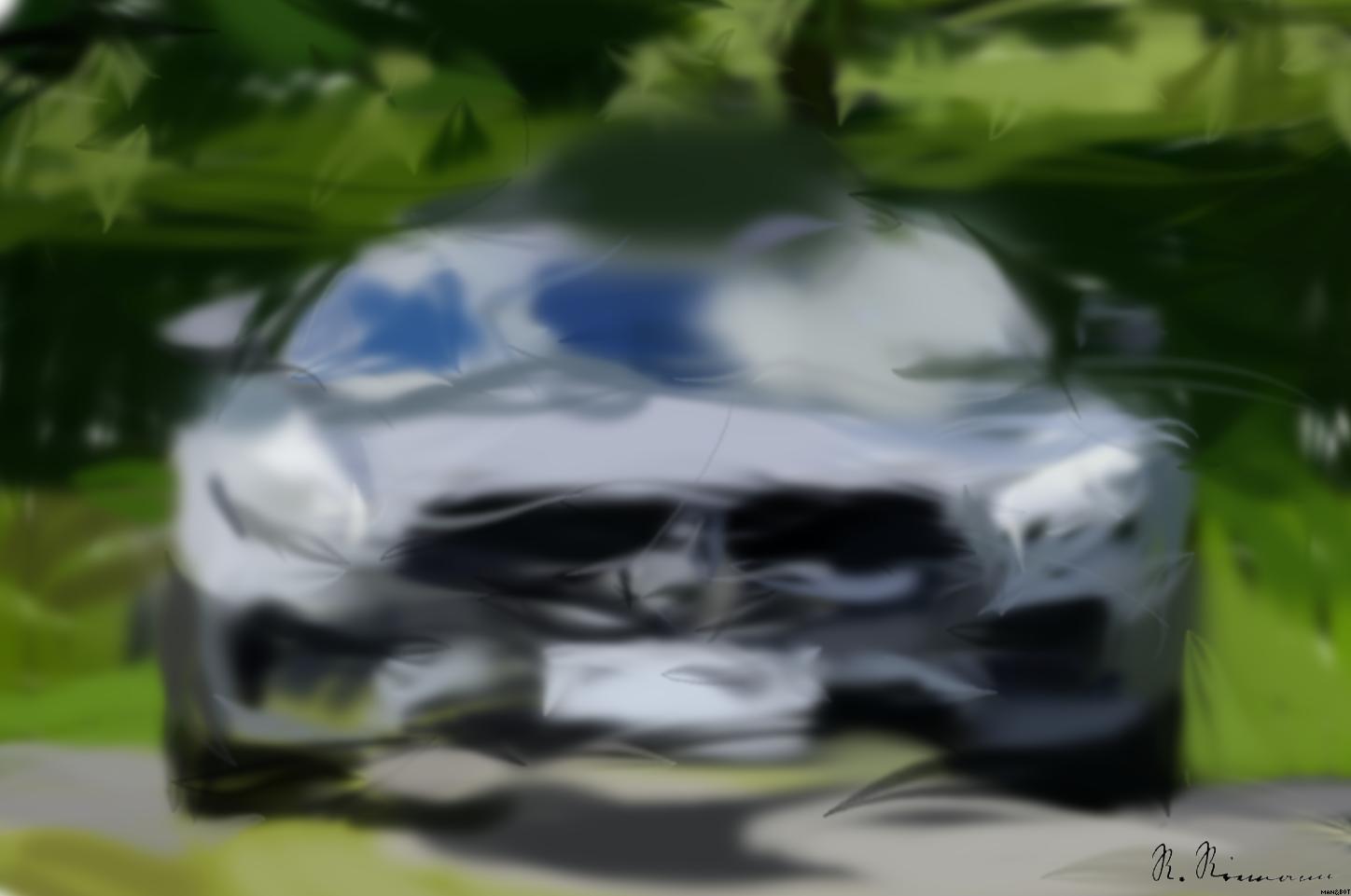 Drawn by bot UFve3j2zL2HqrL5UxK3y2f; art-primitive-paintbrush-ii; Front view of a luxury Mercedes-Benz AMG against a natural backdrop. AI Art