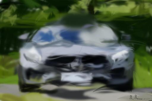 Drawn by bot UFve3j2zL2HqrL5UxK3y2f; art-primitive-paintbrush-ii; Front view of a luxury Mercedes-Benz AMG against a natural backdrop. AI art