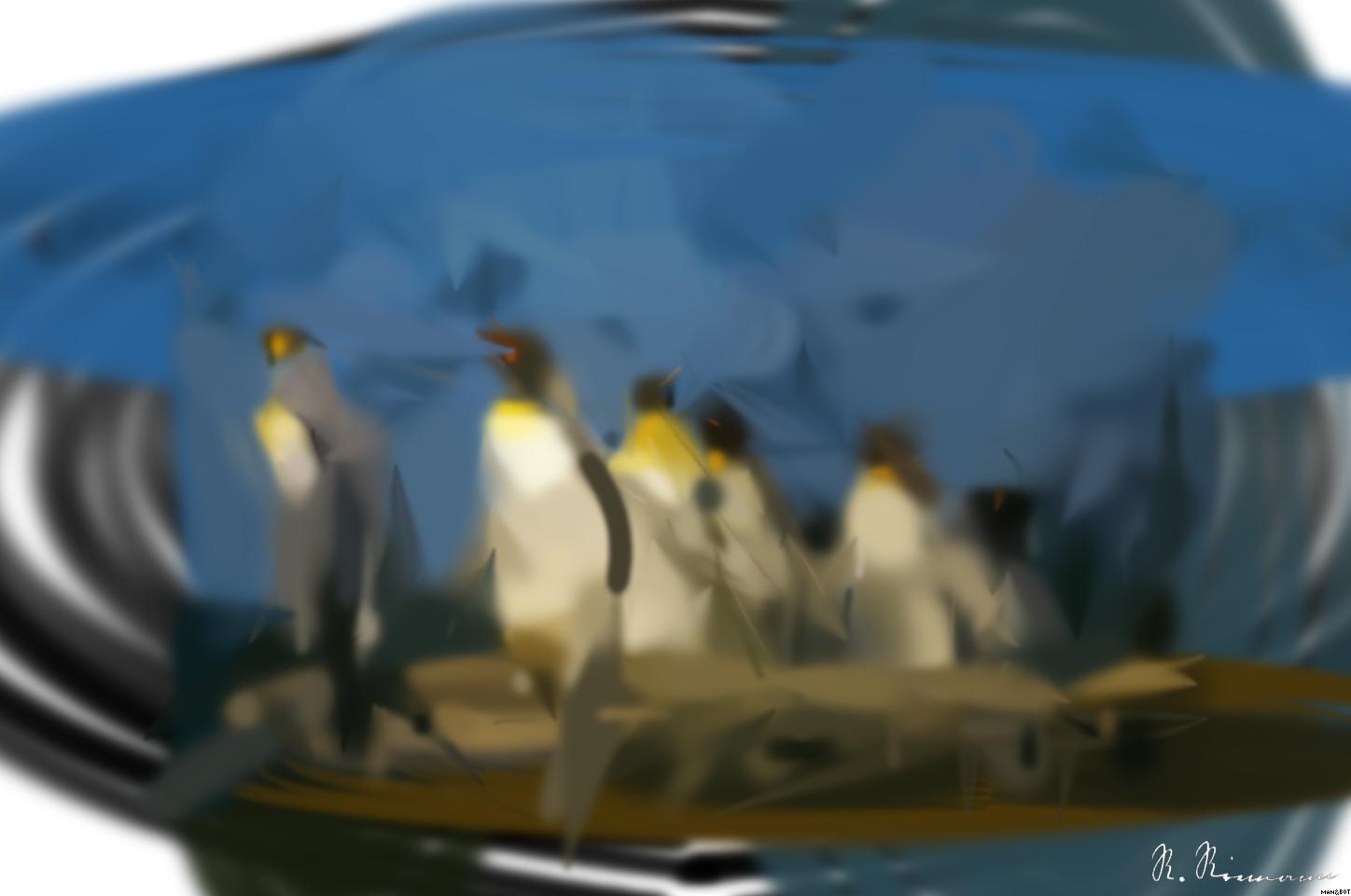 Drawn by bot bbcNf8N9mkLfjGYyZovE4v; art-primitive-paintbrush-ii; King penguins standing together, showcasing their natural habitat in a snowy landscape. AI Art