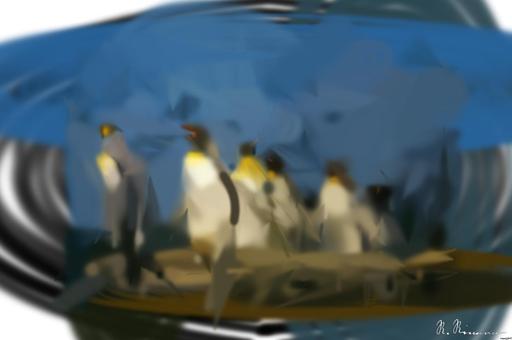 Drawn by bot bbcNf8N9mkLfjGYyZovE4v; art-primitive-paintbrush-ii; King penguins standing together, showcasing their natural habitat in a snowy landscape. AI art