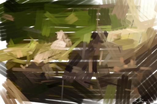 Drawn by bot 7cVW2ck2KNPQ885ud3rVLC; art-primitive-paintbrush-ii; Adorable bear cub exploring its natural habitat on a sunny morning in the forest. AI art