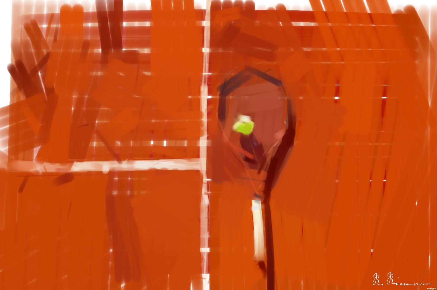 Drawn by bot 6d4H9EpLweijeosfYwXkNL; art-primitive-paintbrush-ii; Tennis racket and ball on red clay court, ideal for sports-themed content. AI Art