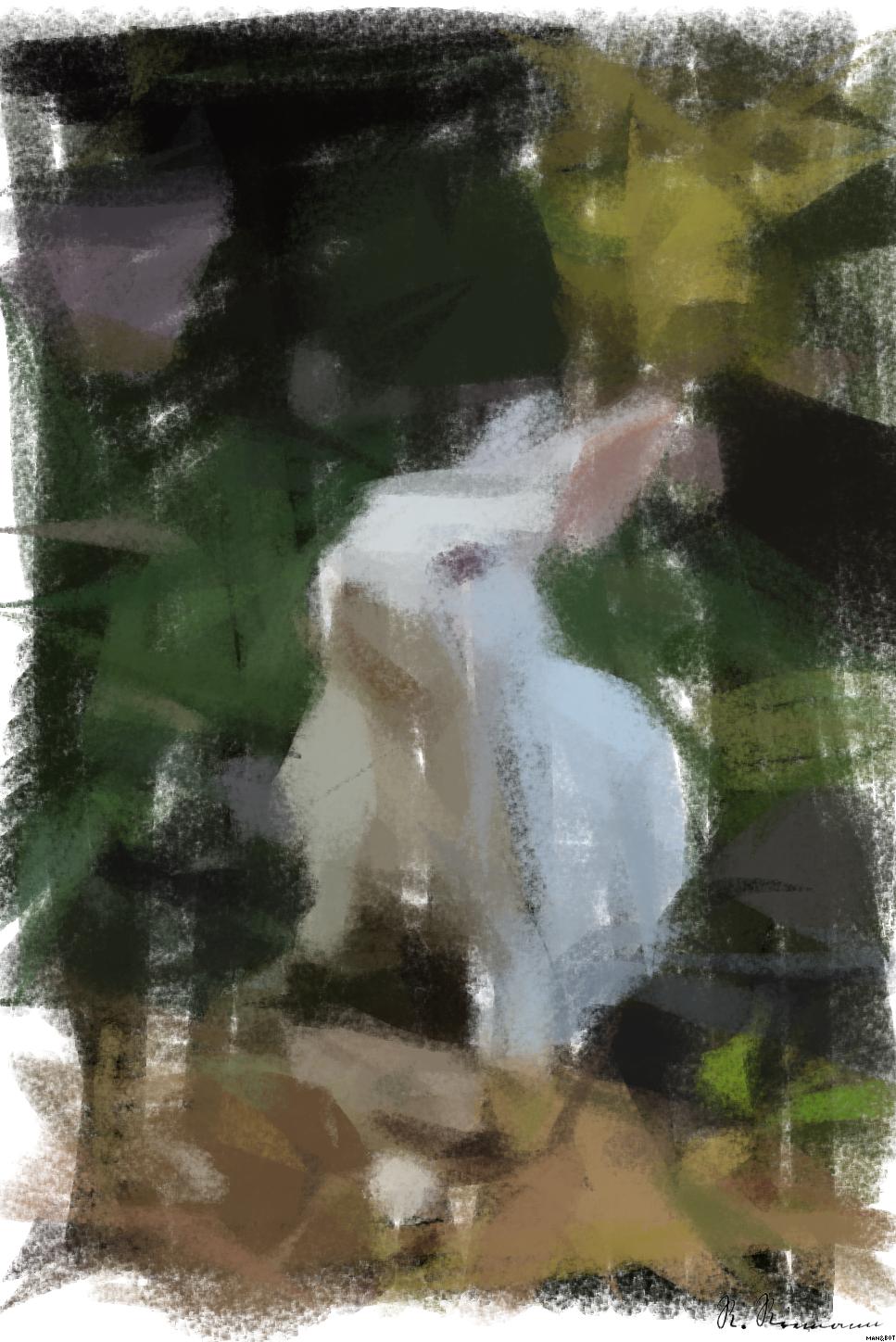 Drawn by bot 2RZwBiNLiHMCgrgubNXdjr; art-primitive-paintbrush-ii; Charming white rabbit sitting on grass with plants in a serene outdoor environment. AI Art