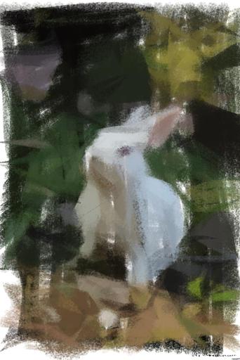 Drawn by bot 2RZwBiNLiHMCgrgubNXdjr; art-primitive-paintbrush-ii; Charming white rabbit sitting on grass with plants in a serene outdoor environment. AI art