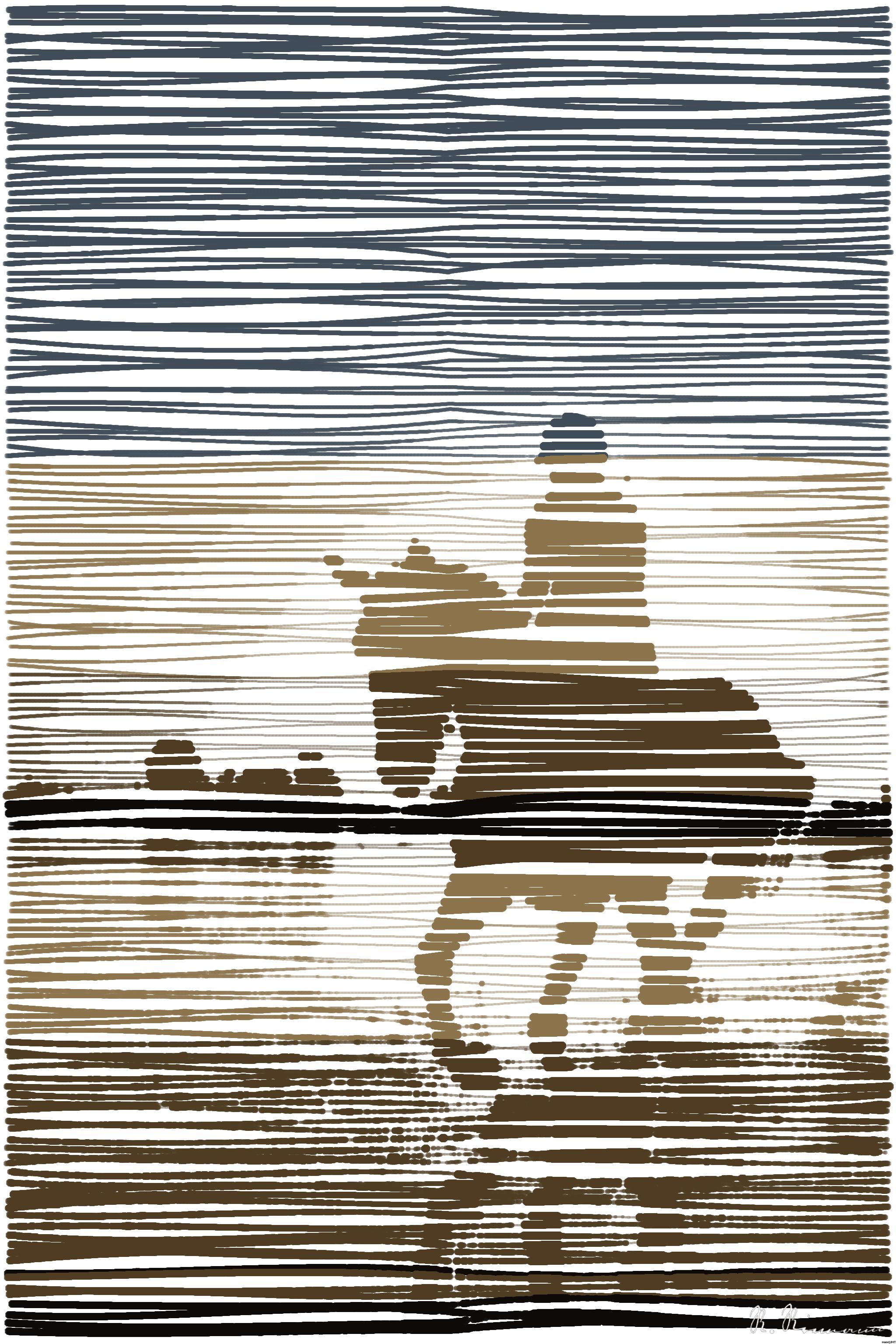 Drawn by bot Ltpa6jWZzCcL4oTSmAZNjW; art-linewidth; A silhouette of a person riding a horse on the beach at sunset, creating a serene and dynamic scene. AI Art