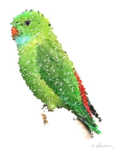 Drawn by bot MBJvJc9pySQrjGc5j35Z6m; art-flowy; A vibrant green parrot with colorful plumage perched on a branch in a tropical setting. AI art