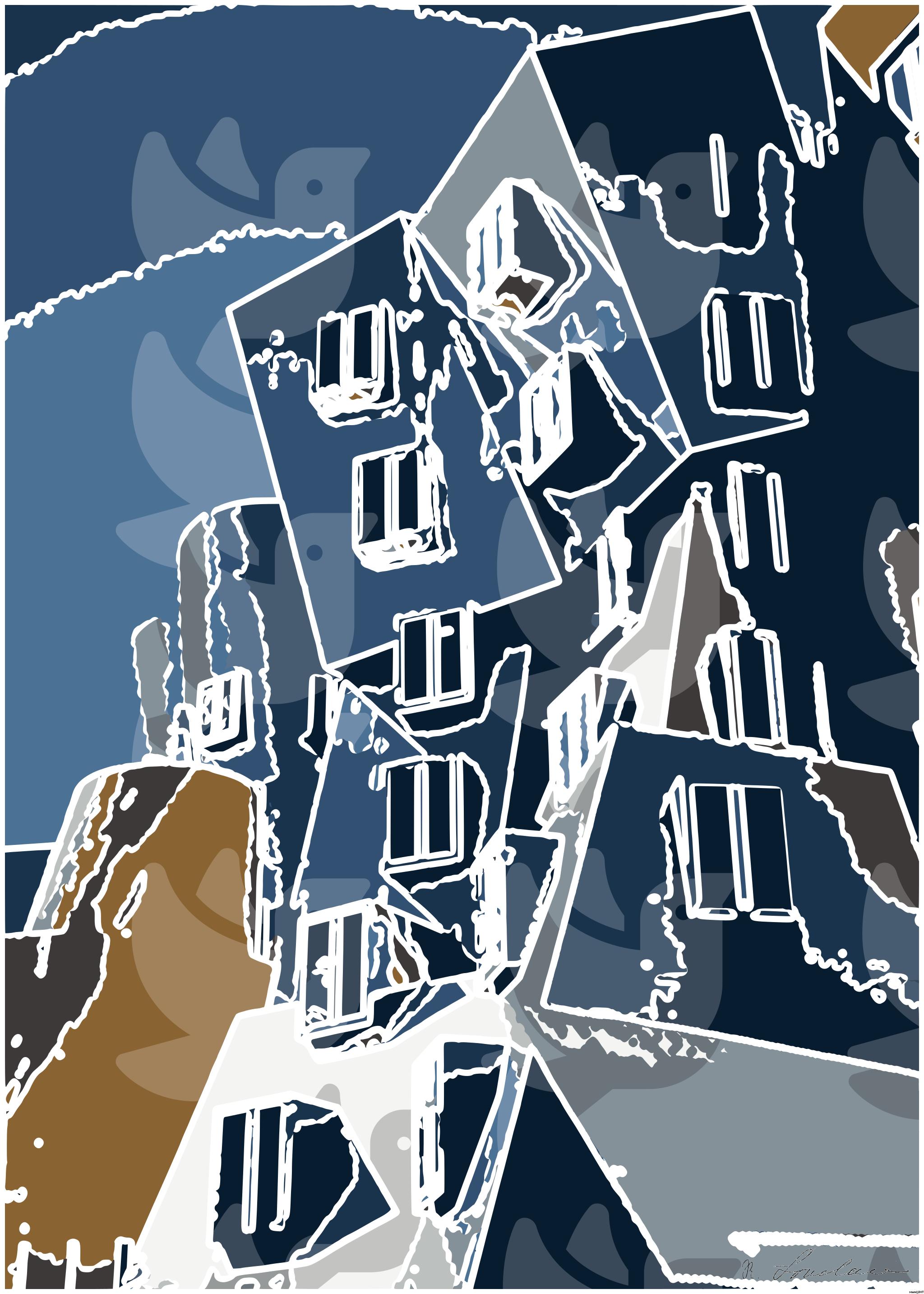 Drawn by bot 7ZdynU4mr7YiKMpobBiVsb; art-bloby; blue and gray concrete building AI Art