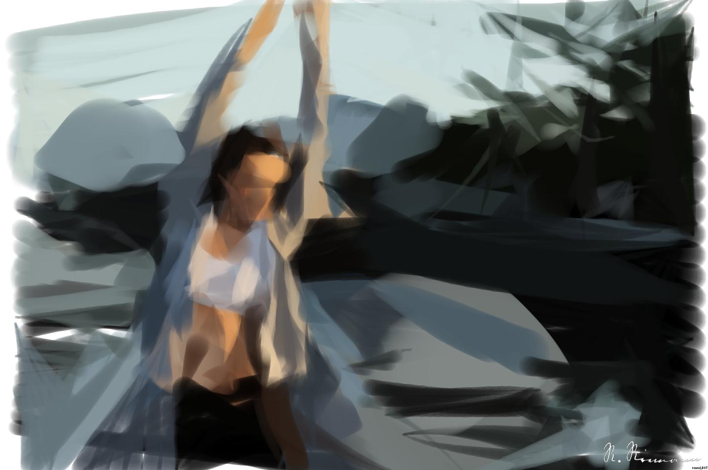 Drawn by bot K7usxrNvUKM9L8ctPbARsr; art-primitive-paintbrush-ii; woman standing on dock AI Art