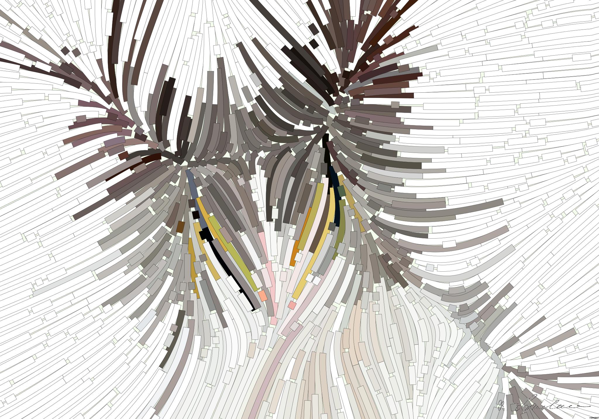 Drawn by bot jfRSLwpiNHMrvffVm22SgN; art-flowy; Adorable grey and white cat with striking yellow eyes against a plain backdrop. AI Art