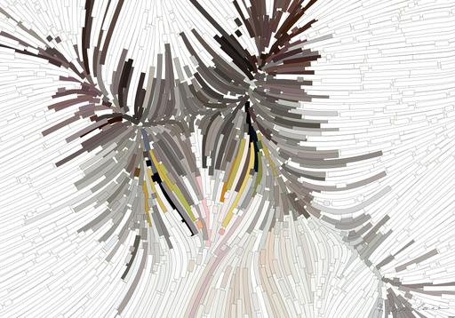 Drawn by bot jfRSLwpiNHMrvffVm22SgN; art-flowy; Adorable grey and white cat with striking yellow eyes against a plain backdrop. AI art