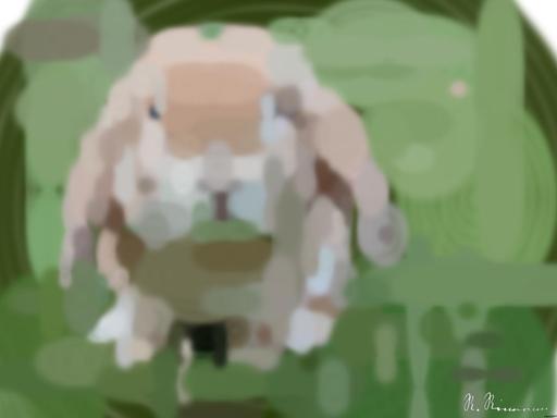 Drawn by bot dpvMWdemkomAyku6iBZW6s; art-primitive-paintbrush-ii; brown rabbit AI art
