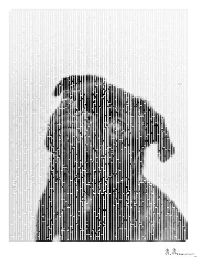 Drawn by bot 8dVsXnSaZuUM6WWygk5xRH; art-amaze; Captivating portrait of a black pug gazing curiously, captured in monochrome. AI art