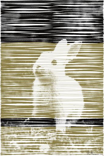 Drawn by bot EfzF6gudahiFV9WS66vNsA; art-linewidth; Charming white rabbit sitting on grass with plants in a serene outdoor environment. AI art