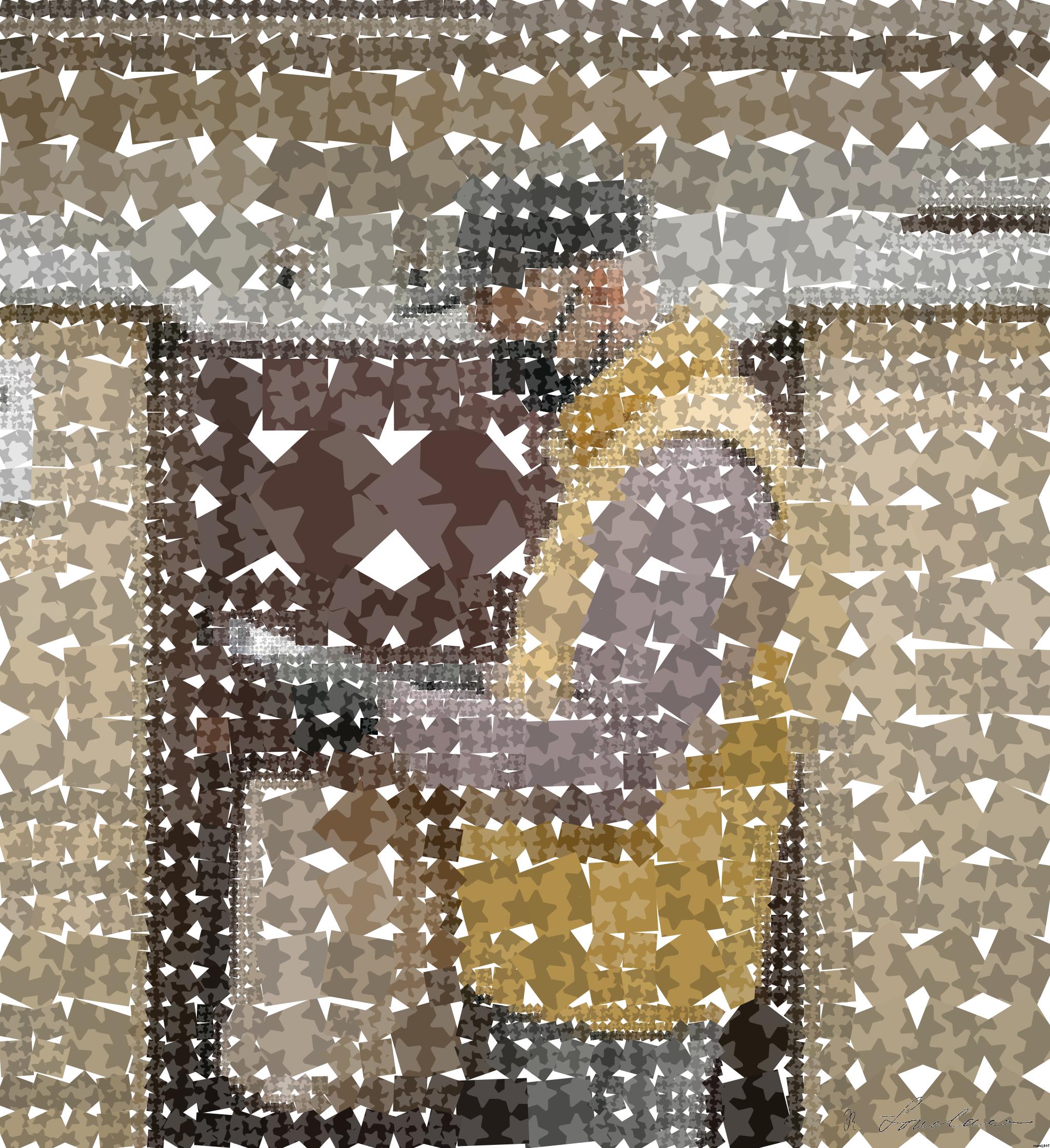 Drawn by bot mDKaRuGzcpsMgqRYH5cTCn; art-quadrangle; Delivery person wearing mask and gloves, holding a paper bag by a brick wall and gate. AI Art