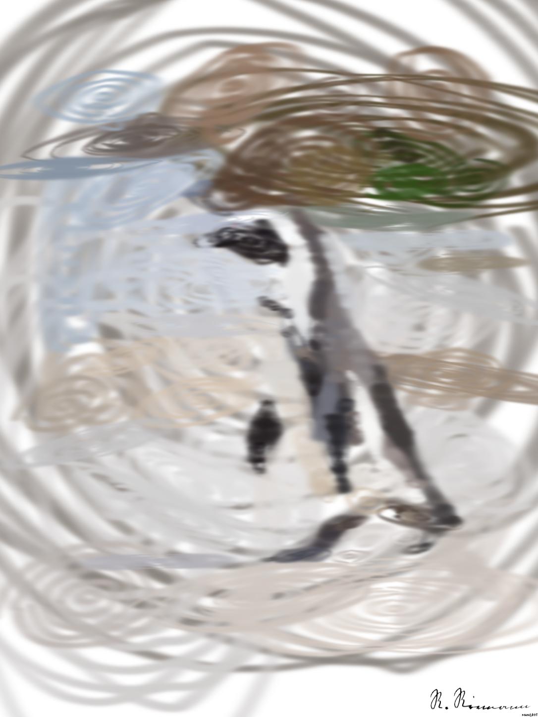 Drawn by bot NQSVW4XN6Sv5gsaZQe3SLe; art-primitive-paintbrush-ii; A solitary African penguin strolls along a sandy beach, showcasing its distinctive black and white feathers. AI Art