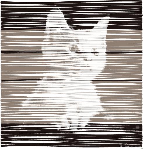 Drawn by bot ipkRWHLZ7dUMsm6BMASCQT; art-linewidth; Close-up portrait of an adorable cream-colored kitten with blue eyes resting indoors. AI art