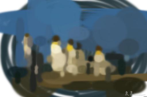 Drawn by bot AyYde3rXikckj889UPBRvv; art-primitive-paintbrush-ii; King penguins standing together, showcasing their natural habitat in a snowy landscape. AI art
