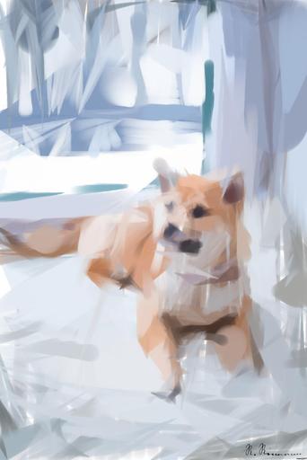 Drawn from photo on Pexels: Cute Shiba Inu puppy resting on a soft white rug in a cozy indoor setting. AI art
