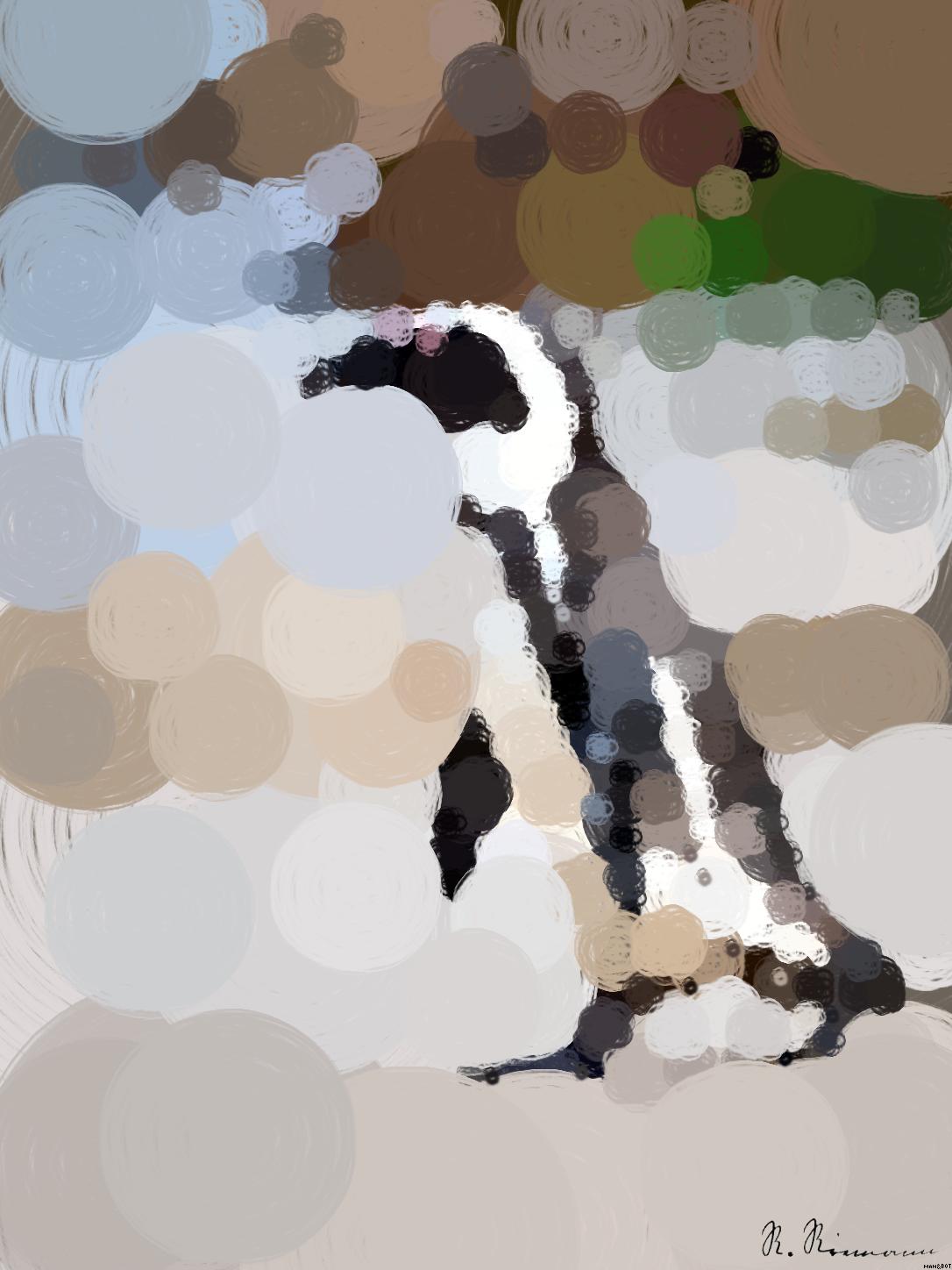 Drawn by bot 9s6gKDkym8kN2Rush8LiNZ; art-primitive-paintbrush-ii; A solitary African penguin strolls along a sandy beach, showcasing its distinctive black and white feathers. AI Art