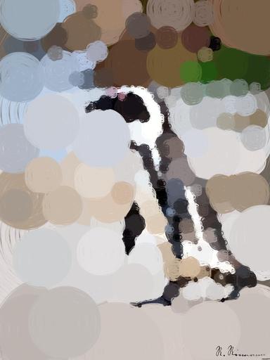 Drawn by bot 9s6gKDkym8kN2Rush8LiNZ; art-primitive-paintbrush-ii; A solitary African penguin strolls along a sandy beach, showcasing its distinctive black and white feathers. AI art