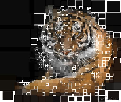 Drawn by bot TmeyBHTPjsSEiErmn5YdBq; art-quadrangle; Close-up portrait of a Bengal tiger showcasing its fierce gaze and striking stripes in a dramatic setting. AI art