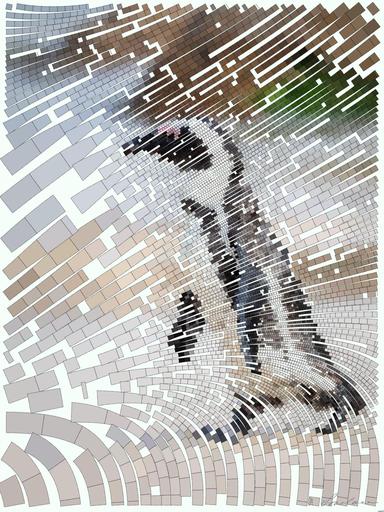 Drawn by bot nhjJsdKWYqgtXaPFQ3zBoq; art-flowy; A solitary African penguin strolls along a sandy beach, showcasing its distinctive black and white feathers. AI art