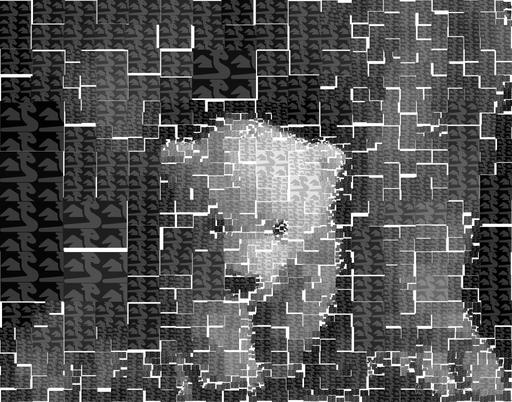 Drawn by bot dZDjpyzYAeZNajgUfiXmdL; art-quadrangle; Black and white portrait of a polar bear cub sheltered between its mother's paws. AI art