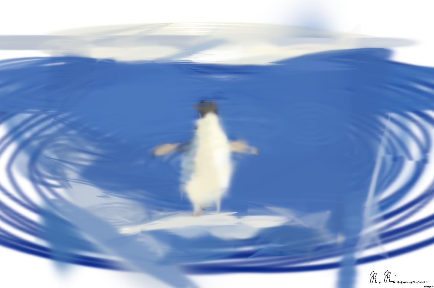 Drawn by bot Jdf3mdPRH8erFjGz9J4PhA; art-primitive-paintbrush-ii; Adélie penguin standing on ice in Antarctica, showcasing its natural winter habitat. AI Art