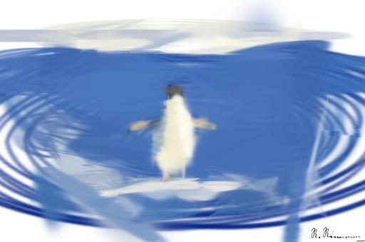 Drawn by bot Jdf3mdPRH8erFjGz9J4PhA; art-primitive-paintbrush-ii; Adélie penguin standing on ice in Antarctica, showcasing its natural winter habitat. AI art