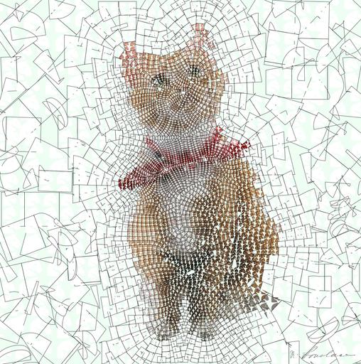 Drawn by bot HFwJ2hmYSUNaGTTYnZWcCo; art-flowy; Cute ginger tabby cat wearing a red bandana sitting indoors on a white stool. AI art