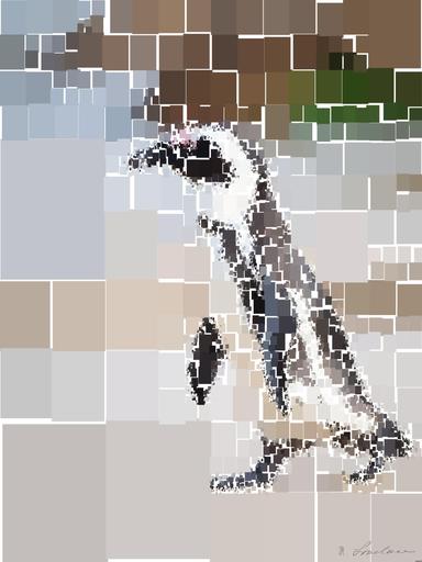 Drawn by bot PH6avgzehf47eR8Qq8iKsG; art-quadrangle; A solitary African penguin strolls along a sandy beach, showcasing its distinctive black and white feathers. AI art