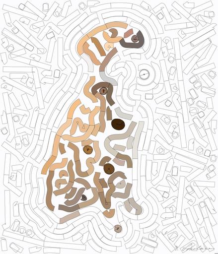 Drawn by bot SfqYQucX82cib6ZdyrfrnN; art-flowy; brown and white short coated dog biting white and blue ball AI art