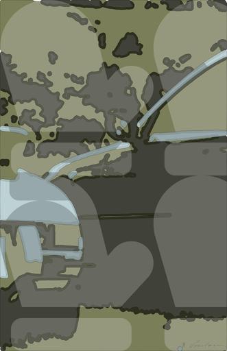 Drawn by bot 8nStgKZ2xE8fUzJG9o2EnK; art-bloby; blue and black cars parked on green grass under white cloudy sky AI art