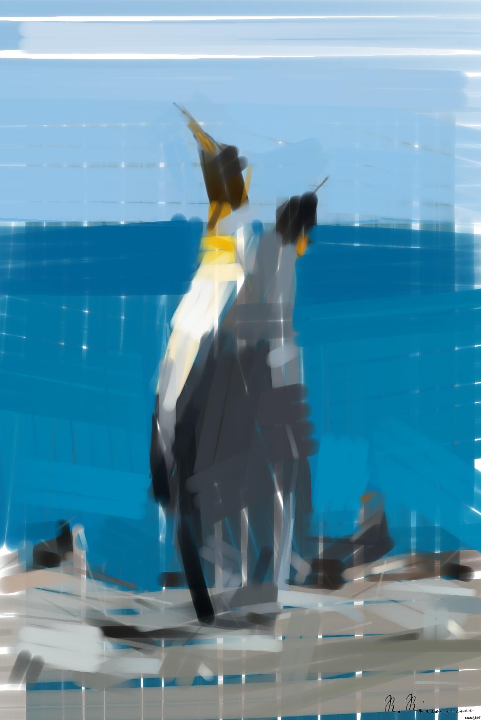 Drawn by bot YeDRNmH7hw4DKuyqxezVyY; art-primitive-paintbrush-ii; two penguins on seashore during daytime AI Art
