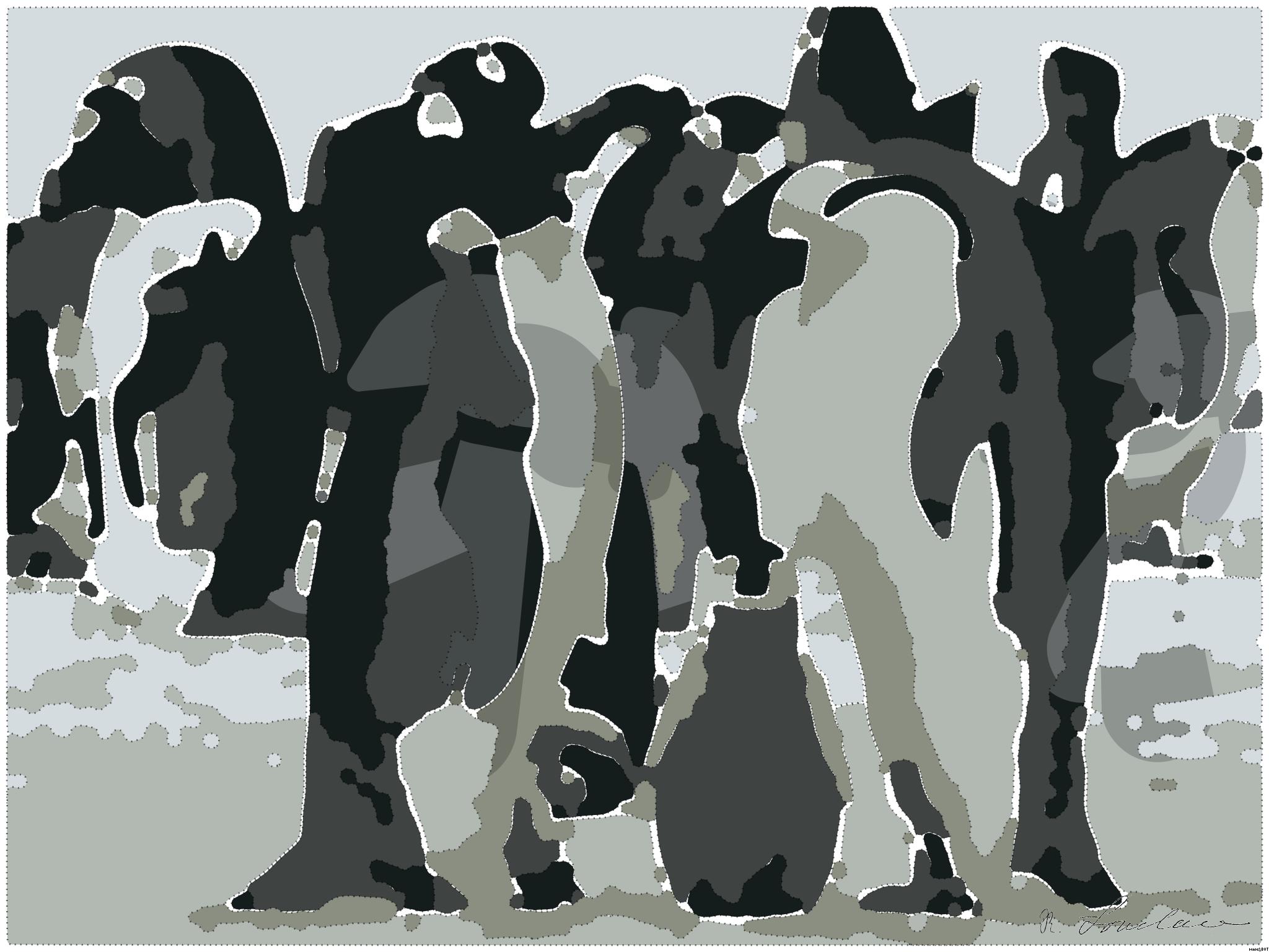 Drawn from photo on Pexels: A group of emperor penguins with their chicks on a snowy landscape showcasing family bonding in the wild. AI Art