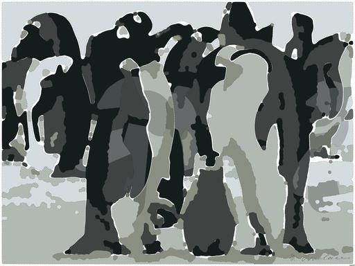 Drawn from photo on Pexels: A group of emperor penguins with their chicks on a snowy landscape showcasing family bonding in the wild. AI art