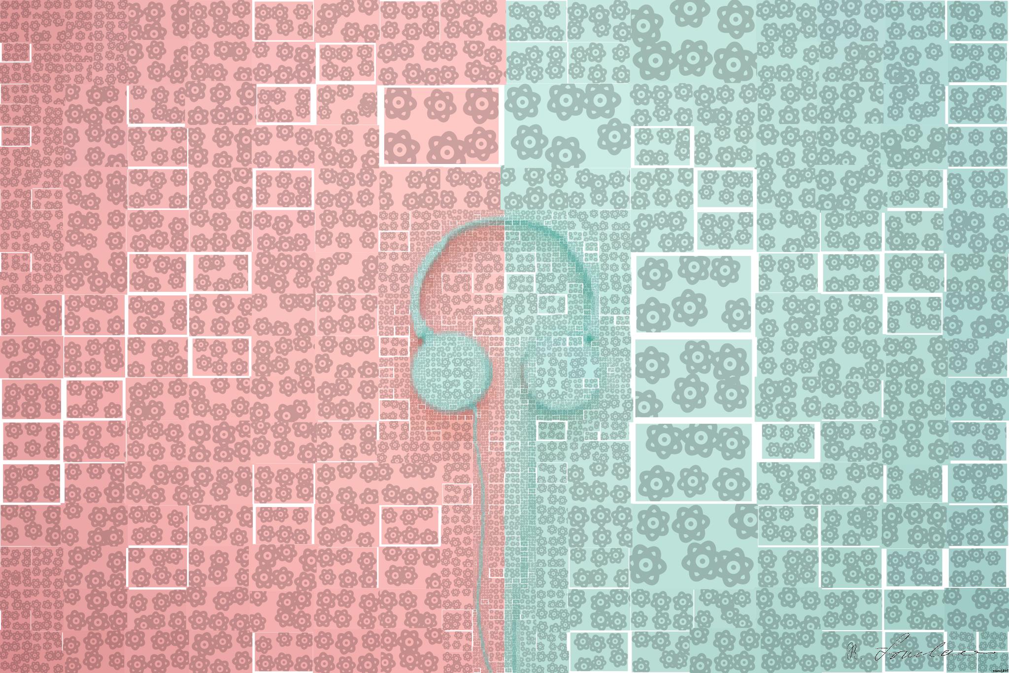 Drawn by bot d5PyZ5LZ74cpB2y8kkAbW7; art-quadrangle; Minimalist headphones on a pink and mint background, artistic and modern. AI Art