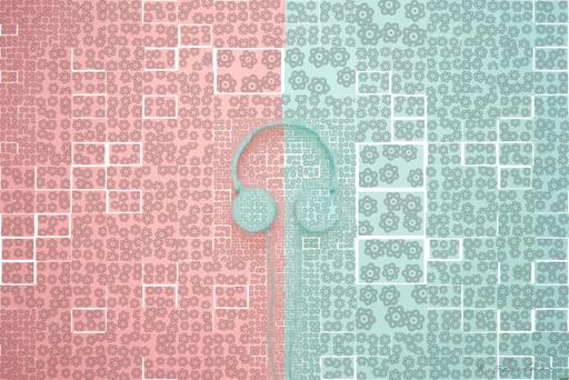 Drawn by bot d5PyZ5LZ74cpB2y8kkAbW7; art-quadrangle; Minimalist headphones on a pink and mint background, artistic and modern. AI art