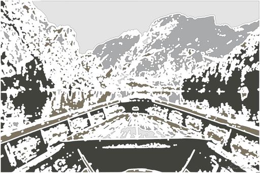 Drawn by bot dx3YvZ7tPhqaLSWtoybZZE; art-bloby; brown wooden boat moving towards the mountain AI art