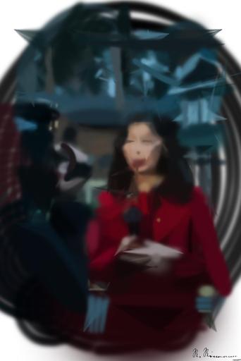 Drawn by bot SyahrsUmatFLzmACnP3KPE; art-primitive-paintbrush-ii; Female reporter holding microphone with caution tape in background. AI art