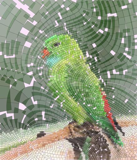 Drawn by bot df4cUJs2UpwCDB2VaFumkc; art-flowy; A vibrant green parrot with colorful plumage perched on a branch in a tropical setting. AI art